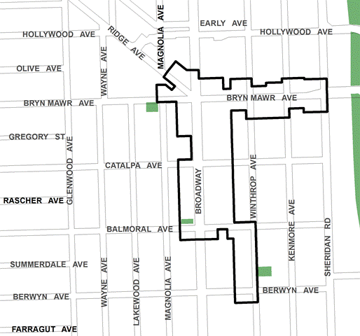 Bryn Mawr/Broadway TIF district, roughly bounded on the north by Bryn Mawr Avenue, Berwyn Avenue on the south, Sheridan Road on the east and Magnolia Avenue on the west.